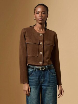 Round Neck Brown Knit Short Coat Women